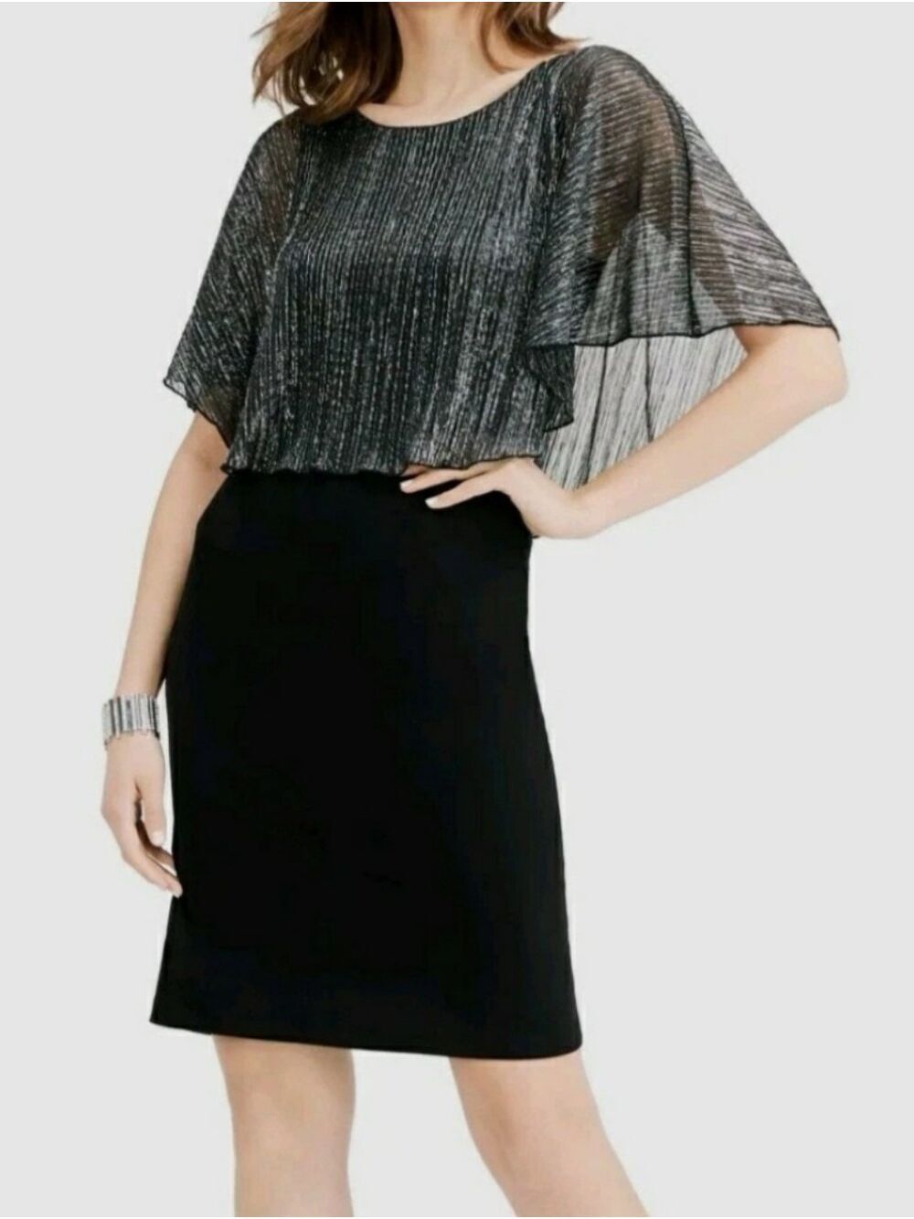 Connected Apparel  Cocktail Dress with Pleated  Multicolor Shimmer Overlay. 10